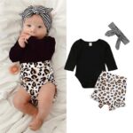 3Pcs set Baby Girl Clothes Casual Leopard print Baby Romper Short Pants Headband Infant Clothing Outfit 1 Leopard Print Romper Clothing Set