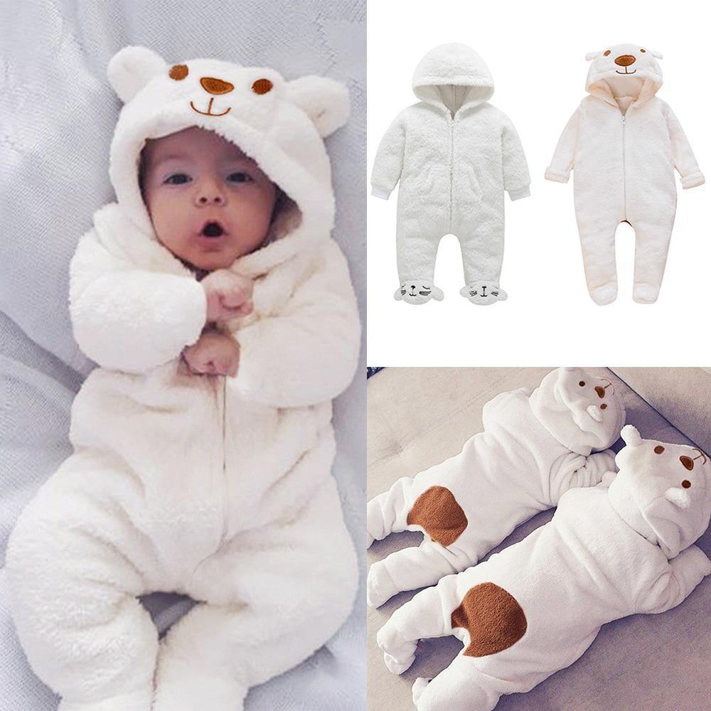 Infant Toddler Baby Cartoon Animal Winter Hooded Rompers Front Zipper Jumpsuit 