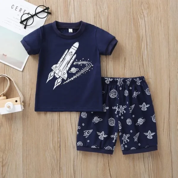 Casual Baby Boy Printing Short Sleeve And Short Pant Kit Kids Two piece Outfit Cotton Set Soaring Rocket Clothing Set