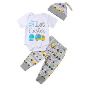 Girls Clothing Sets Cotton Casual Fashion Girls Clothes Easter Egg Car Letter Romper Bodysuit Pant Hat Tall and Fluffy Giraffe Toy