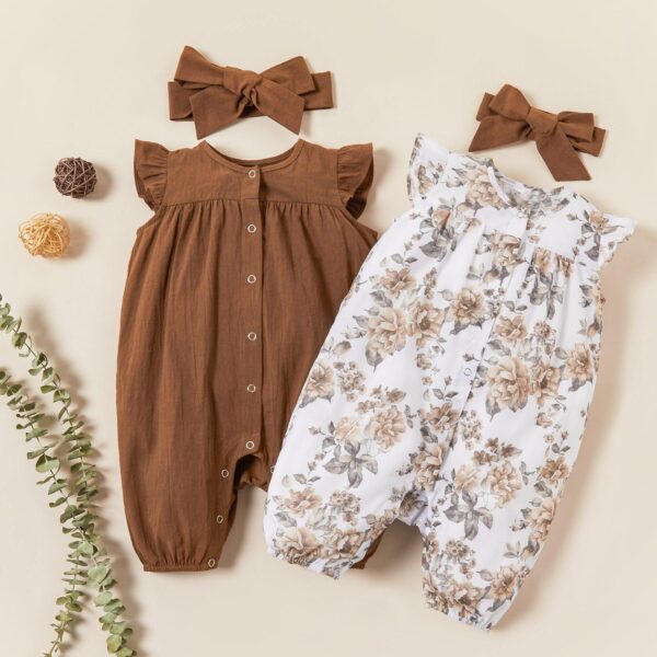 Solid Floral Flutter sleeve Bodysuit and Headband - tinyjumps