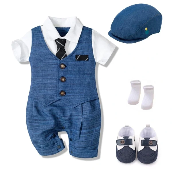 Summer Baby Romper Suit Newborn Boys Formal Clothing Cotton Children Hat Jumpsuit Shoes Socks 4 Pieces 1 Baby Boy 4-Piece Gentlemen Outfit | Vest suit with hat