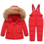 v red 1474086640 2-Piece Ski Suit for Children – Fluffy Fur Hoodie, Unisex Outfit