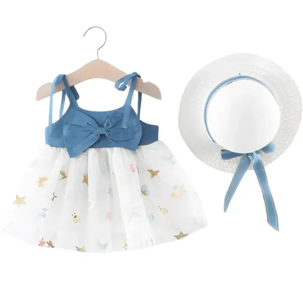 723 1 Girls Blue and white bow frock with Hat