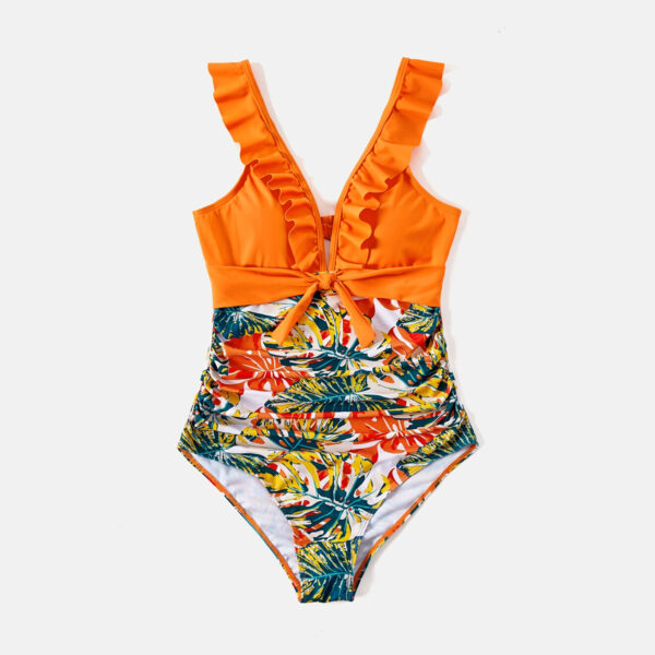 Artboard 3 3 2 Tropical Plant Print Splicing Ruffle One-Piece Matching Family Swimsuits
