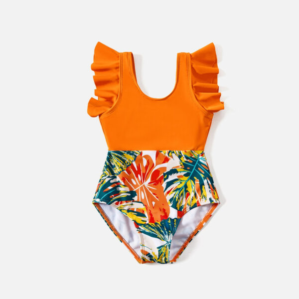 Artboard 4 6 1 Tropical Plant Print Splicing Ruffle One-Piece Matching Family Swimsuits