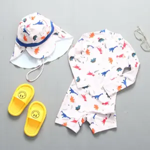 Kids Dino Print One Piece Swimsuit With Flap Cap