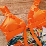 PatPat Family Matching Swimsuit Orange All Over Tropical Plant Print Splicing Ruffle One Piece Swimsuit and 2 Tropical Plant Print Splicing Ruffle One-Piece Matching Family Swimsuits