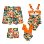 h Shorts removebg preview Tropical Plant Print Splicing Ruffle One-Piece Matching Family Swimsuits