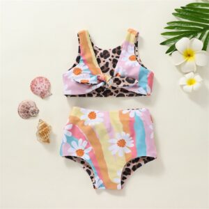 Kid Girls 2pcs Rainbow Leopard Print Swimsuit