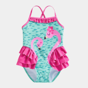 Kids Girls 3D Ruffled Print Flamingo Swimsuit