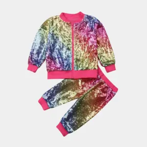 Kids Sequined Tracksuit - Long Sleeve Zipper Jacket and Pants