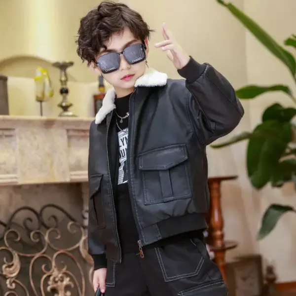 q1 Kids Black Leather Fur Collar Bomber Jacket