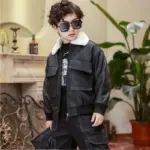 q3 Kids Black Leather Fur Collar Bomber Jacket