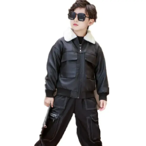 Kids Black Leather Fur Collar Bomber Jacket